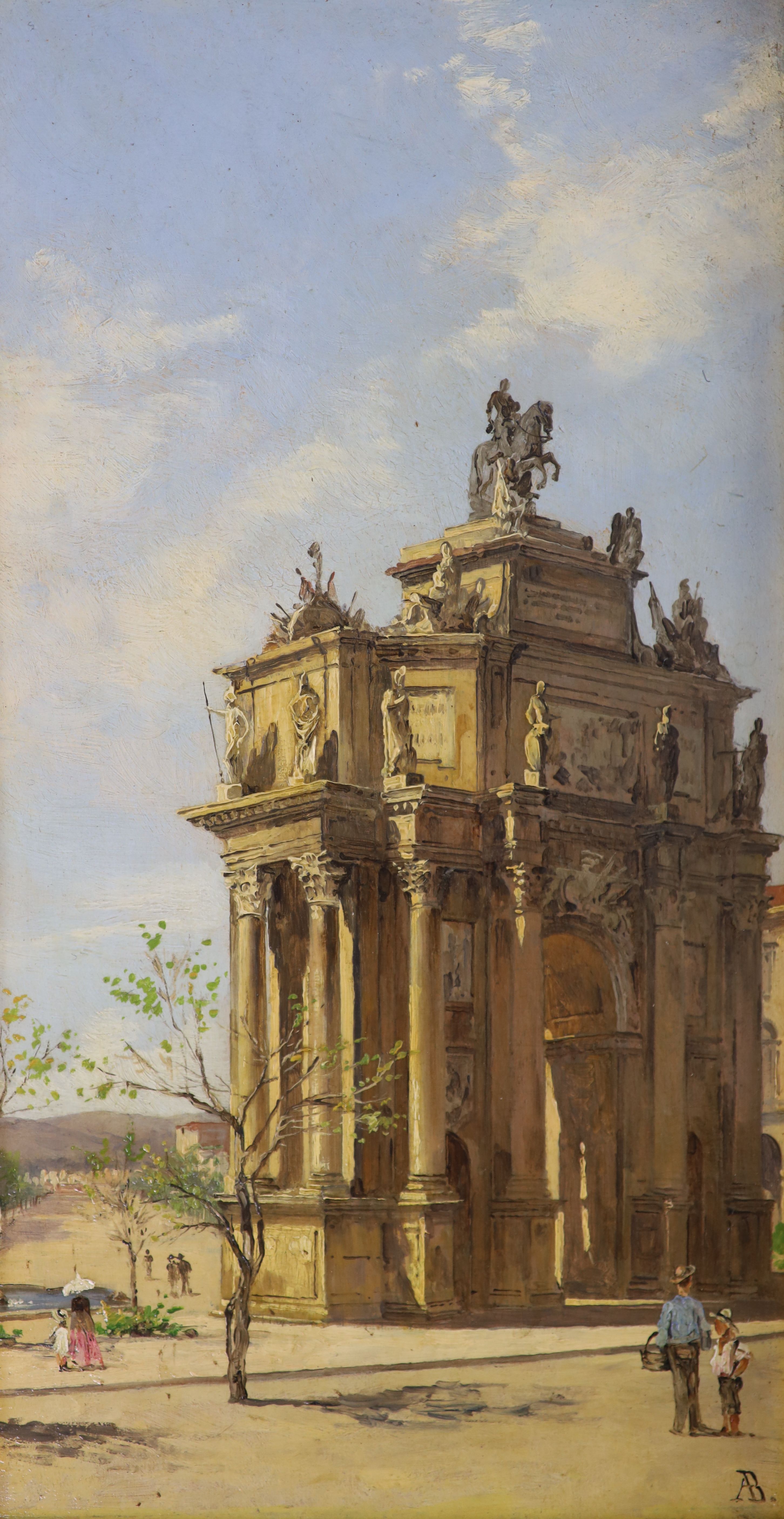 Antoinetta Brandeis (Italian, 1849-1926), Piazza San Domenico, Bologna & Triumphal Arch, pair of oils on board, 24 x 12.75cm